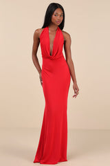 Eye-Catching Silhouette Red Cowl Neck Halter Maxi Dress