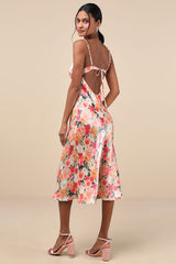 Sensational Spirit Peach Multi Floral Satin Tie-Back Midi Dress