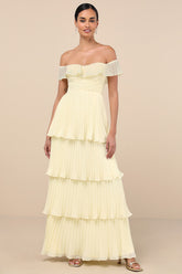 Always Remarkable Pale Yellow Off-the-Shoulder Maxi Dress