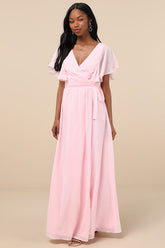 Convincing Grace Light Blush Flutter Sleeve Wrap Maxi Dress