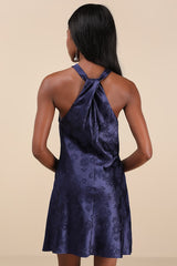 Got the Key Navy Satin Floral Jacquard Halter Mini Dress