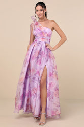 Dramatically Lovely Lavender Floral One-Shoulder Maxi Dress