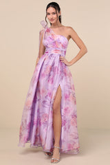 Dramatically Lovely Lavender Floral One-Shoulder Maxi Dress