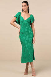 Effervescent Afternoon Green Satin Flutter Sleeve Midi Dress