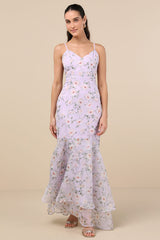 Pure Splendor Lavender Floral Organza Trumpet Maxi Dress