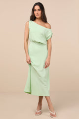 Casual Enchantment Mint Green Linen Off-the-Shoulder Midi Dress