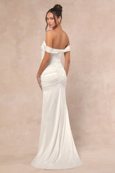 Torri White Satin Off-the-Shoulder Maxi Dress