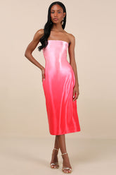 Indescribable Poise Pink Ombre Satin Strapless Midi Dress