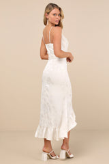 Modern Passion Ivory Floral Satin Jacquard Ruffled Midi Dress