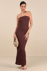 Koko Brown Ribbed Knit Strapless Maxi Dress