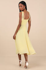Sophisticated Charisma Light Yellow Tie-Strap A-Line Midi Dress
