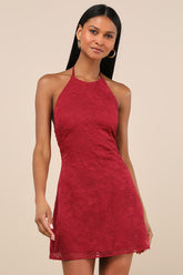Letitia Dark Red Embroidered Halter Mini Dress