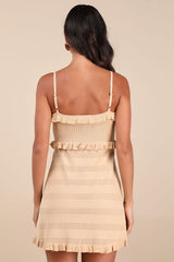 Enviable Pick Beige Pointelle Knit Ruffled Mini Dress