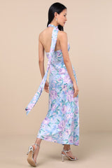 Malani Light Blue Floral Satin Sash Midi Dress