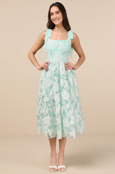 Proof of Perfection Mint Green Floral Tiered Tie-Strap Midi Dres