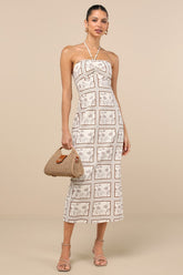 Asiya Beige Stamp Print Halter Midi Dress