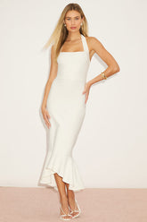 Londa White Halter Neck Trumpet Midi Dress