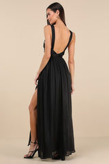 Aria Black Crinkle Knotted Backless Maxi Dress