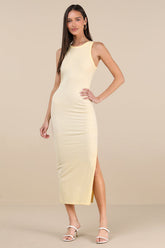 Lavina Light Yellow Jersey Knit Bodycon Midi Dress