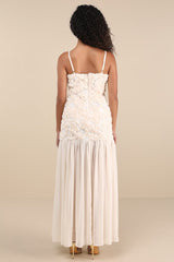 Kalene Cream 3D Rosette Sheer Hem Maxi Dress