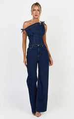 Ivy Top - Asymmetrical Neckline Tie Detail Stretch Denim Top in Dark Blue Wash