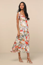 Simply Blissful Ivory Multi Floral Tie-Strap A-Line Midi Dress
