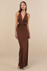 Alexandria Brown Backless Column Maxi Dress