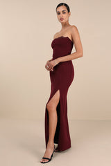 Memorably Iconic Burgundy Strapless Lace Bustier Maxi Dress