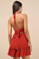 Zahia Rust Red Swiss Dot Ruffled Halter Mini Dress