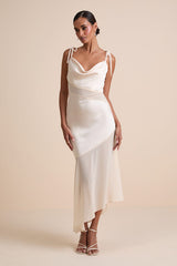 Enara Cream Satin Mesh Tie-Strap Asymmetrical Midi Dress