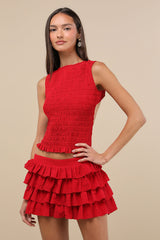Izzy Red Smocked Tiered Two-Piece Skort Romper