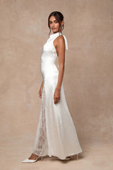 Concetta Ivory Satin Lace Halter Maxi Dress