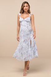 Delightful Direction Blue Floral Ruffled Tie-Strap Midi Dress