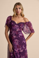 Valla Purple Floral Flutter Sleeve Midi Dress
