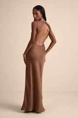 Alisha Brown Crinkle Satin Backless Maxi Dress