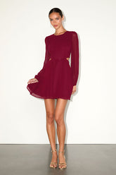 Garden Bliss Wine Red Long Sleeve Cutout Mini Dress