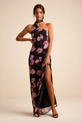 Leighna Plum and Pink Floral One-Shoulder Scarf Maxi Dress