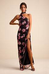 Leighna Plum and Pink Floral One-Shoulder Scarf Maxi Dress