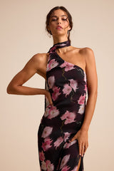 Leighna Plum and Pink Floral One-Shoulder Scarf Maxi Dress