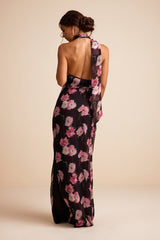 Leighna Plum and Pink Floral One-Shoulder Scarf Maxi Dress