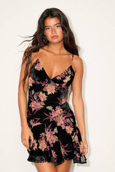 Devi Black Velvet Burnout Surplice Mini Dress