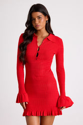 Coralee Red Textured Collared Ruffled Sweater Mini Dress