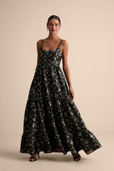 Avalie Black Floral Tiered Bustier Maxi Dress
