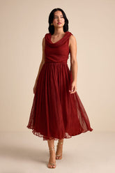 Katreea Rust Red Pleated Cowl Neck Sash Midi Dress