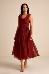 Katreea Rust Red Pleated Cowl Neck Sash Midi Dress