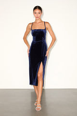 Gorgeous Composure Navy Velvet Lace-Up Sleeveless Midi Dress