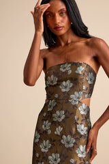 Nathania Olive Floral Jacquard Strapless Bubble-Hem Maxi Dress