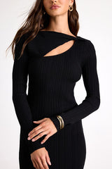 Mattea Black Ribbed Cutout Long Sleeve Sweater Midi Dress