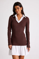 Helenia Brown and White Mixed-Media Long Sleeve Mini Dress