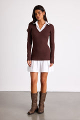 Helenia Brown and White Mixed-Media Long Sleeve Mini Dress